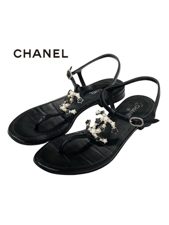 Chanel Sandals Shoes Leather Black Silver Coco Mark Star Pearl Strap Thong